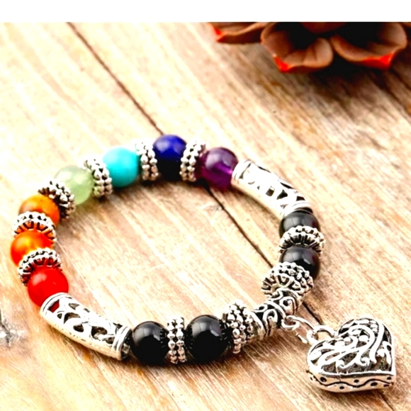 SOLD--Fashion colorful Chakra bead bracelet w/filigree silver heart - Picture 2 of 7